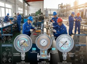 Industrial bourdon tube pressure gauge installed on a high pressure gas pipeline in a process plant