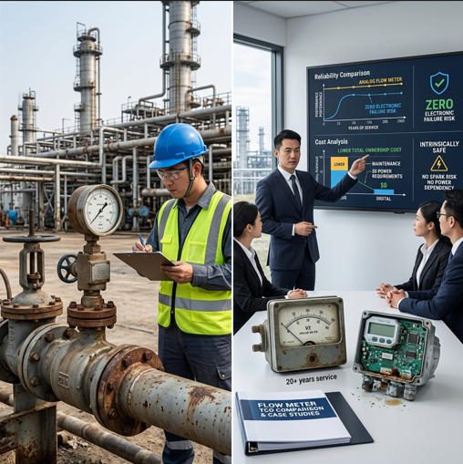 Industrial engineer reviewing analog flow meter performance data on a SCADA monitoring system in a process facility